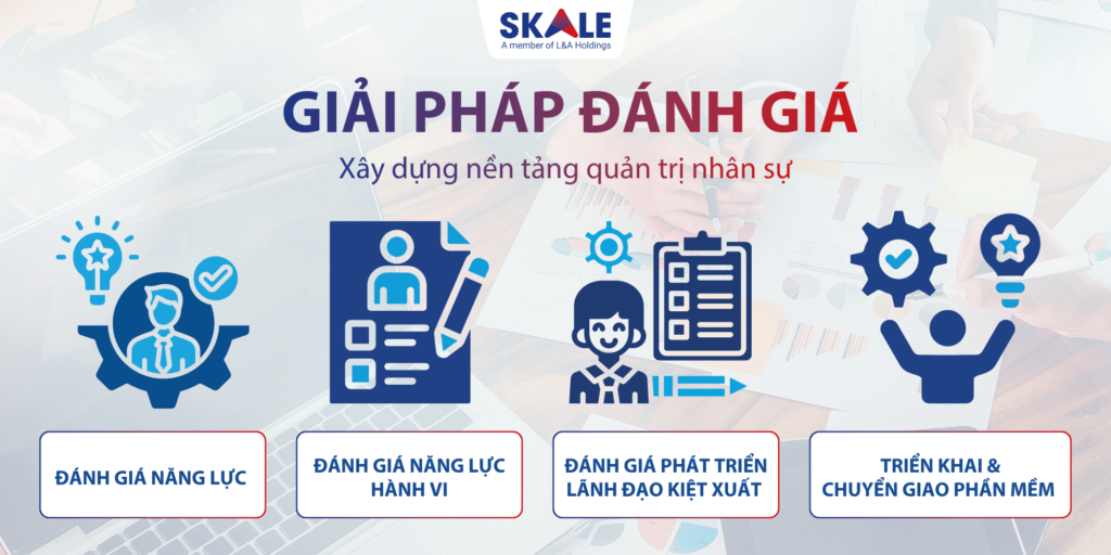 Giải pháp đánh giá tại SKALE gồm 4 loại: Đánh giá năng lực, đánh giá năng lực hành vi, đánh giá phát triển lãnh đạo kiệt xuất và triển khai & chuyển giao phần mềm